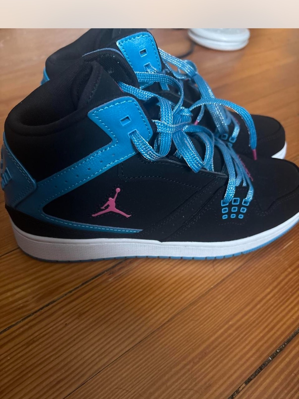Kids Black and Blue High-Top Sneakers with Pink Jump Logo